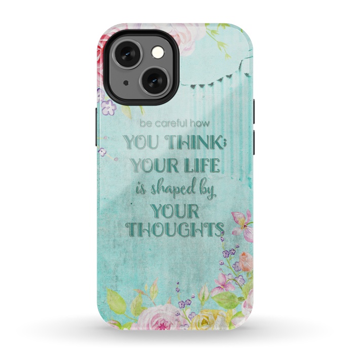 iPhone 13 mini StrongFit Be Carefull - Floral Typopgraphy on Teal by  Utart