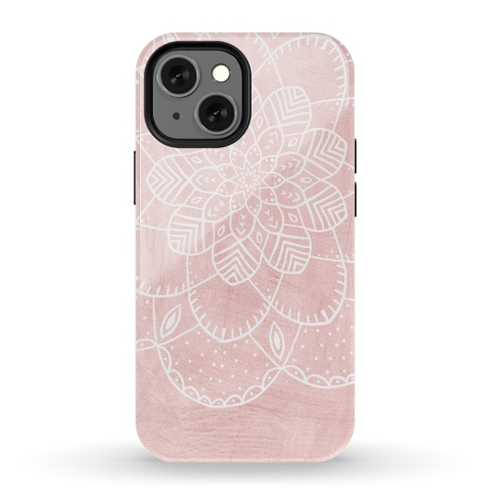 iPhone 13 mini StrongFit White Mandala on Pink Faux Marble by  Utart