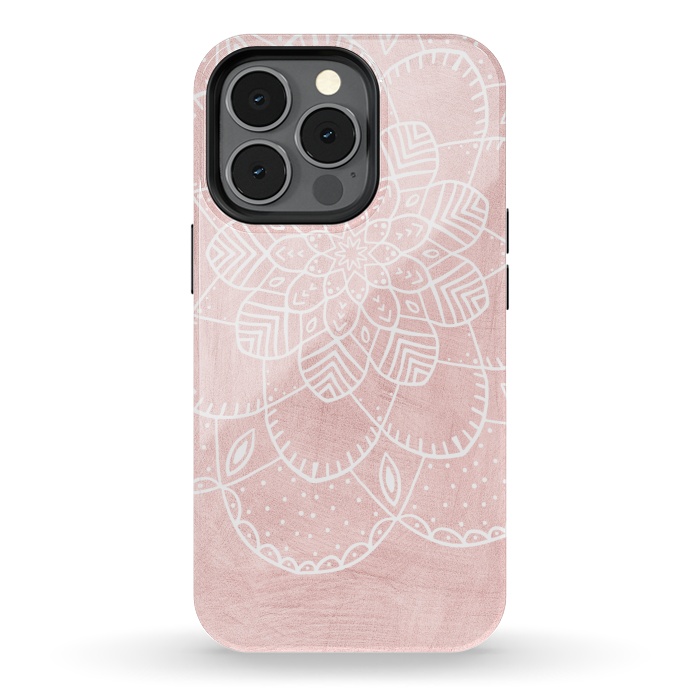iPhone 13 pro StrongFit White Mandala on Pink Faux Marble by  Utart