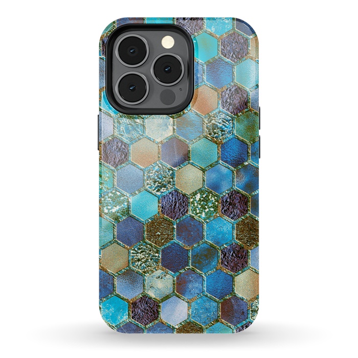iPhone 13 pro StrongFit Multicolor Blue Metal Honeycomb Pattern by  Utart