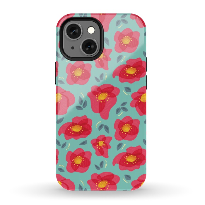 iPhone 13 mini StrongFit Pretty Flowers With Bright Pink Petals On Blue by Boriana Giormova