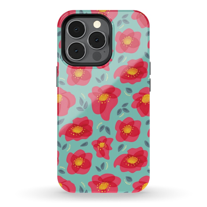 iPhone 13 pro StrongFit Pretty Flowers With Bright Pink Petals On Blue by Boriana Giormova