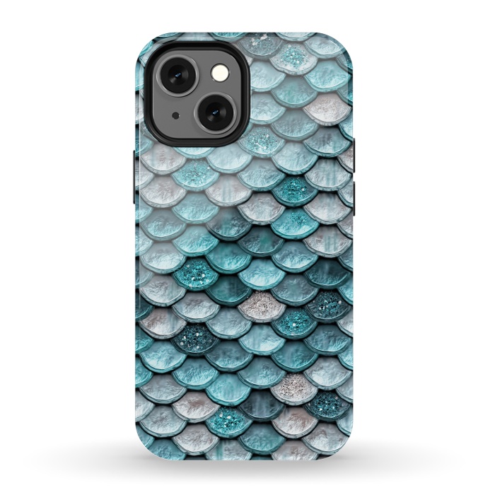 iPhone 13 mini StrongFit Silver and Blue Metal Glitter Mermaid Scales by  Utart