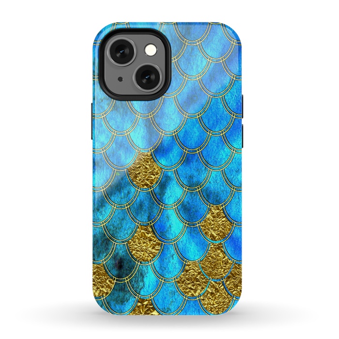 iPhone 13 mini StrongFit Blue and Gold Glitter Metal Mermaid Scales by  Utart