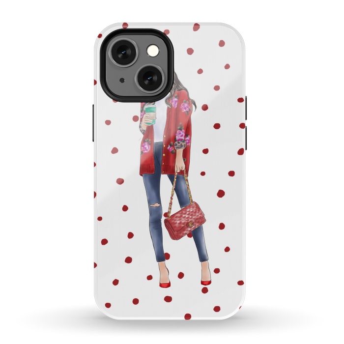 iPhone 13 mini StrongFit Coffee City Girl with Red Polka Dots by DaDo ART