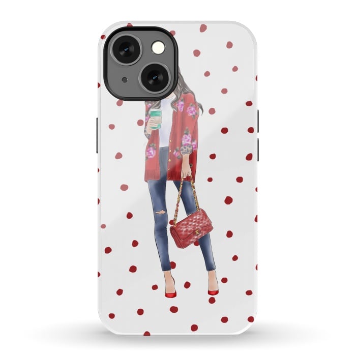 iPhone 13 StrongFit Coffee City Girl with Red Polka Dots by DaDo ART
