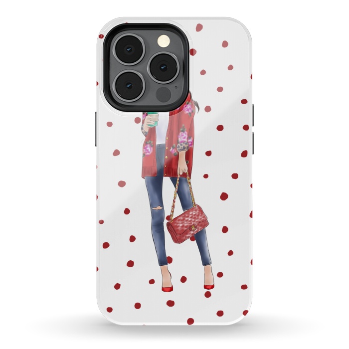 iPhone 13 pro StrongFit Coffee City Girl with Red Polka Dots by DaDo ART