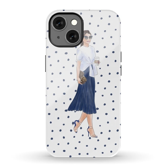 iPhone 13 StrongFit Fashion Coffee Girl with Blue Polka Dots by DaDo ART