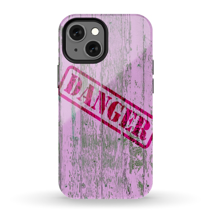 iPhone 13 mini StrongFit Pink Danger Sign On Old Wooden Planks by Andrea Haase