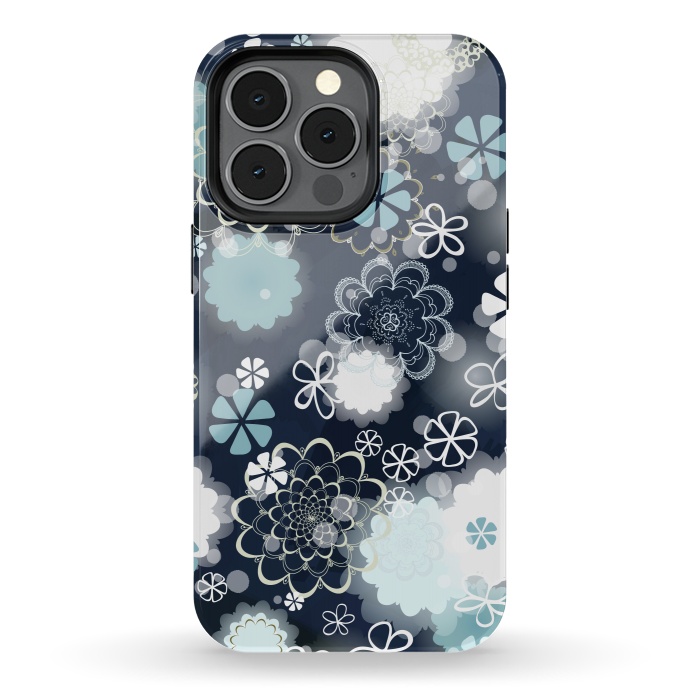 iPhone 13 pro StrongFit Lacy Flowers on Dark Blue by Paula Ohreen