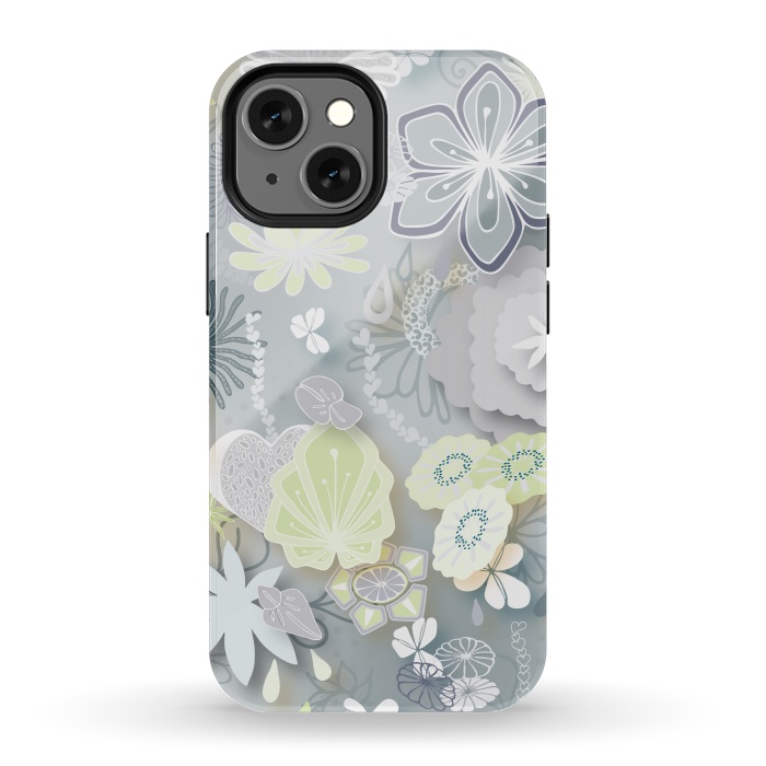 iPhone 13 mini StrongFit Paper-Cut Florals on Grey by Paula Ohreen