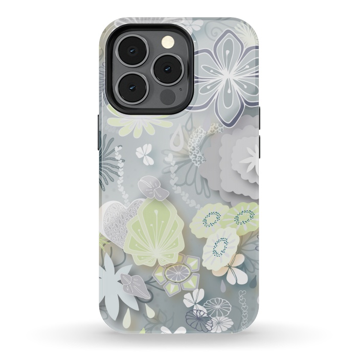 iPhone 13 pro StrongFit Paper-Cut Florals on Grey by Paula Ohreen