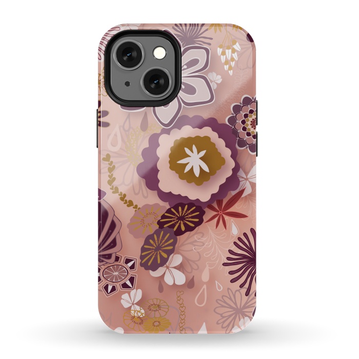 iPhone 13 mini StrongFit Paper-Cut Florals on Pink by Paula Ohreen