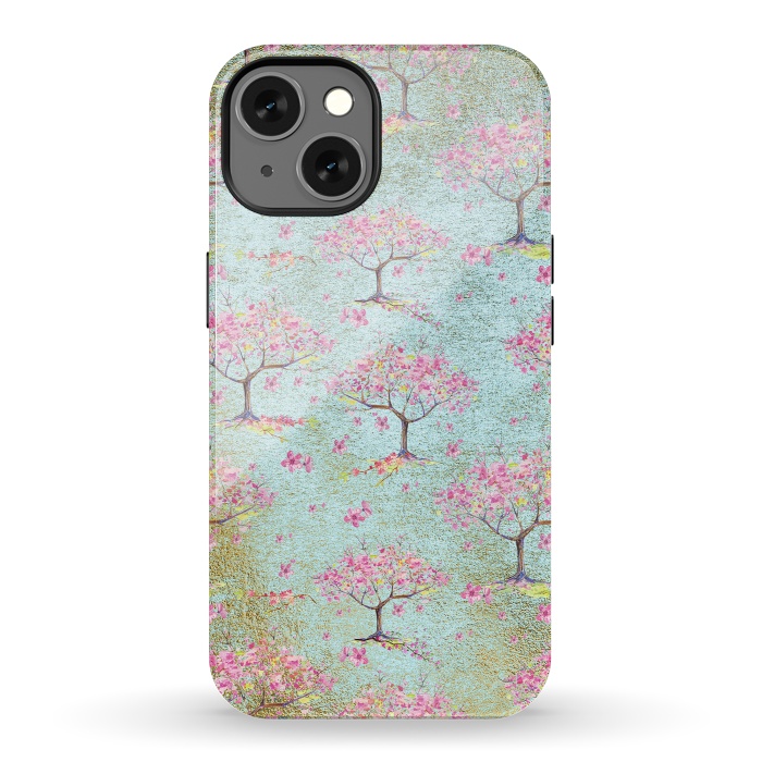 iPhone 13 StrongFit Shiny Teal Spring Metal Cherry Blossom Tree Pattern by  Utart