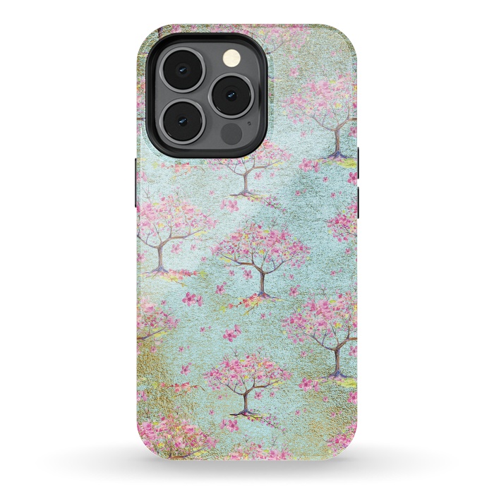 iPhone 13 pro StrongFit Shiny Teal Spring Metal Cherry Blossom Tree Pattern by  Utart