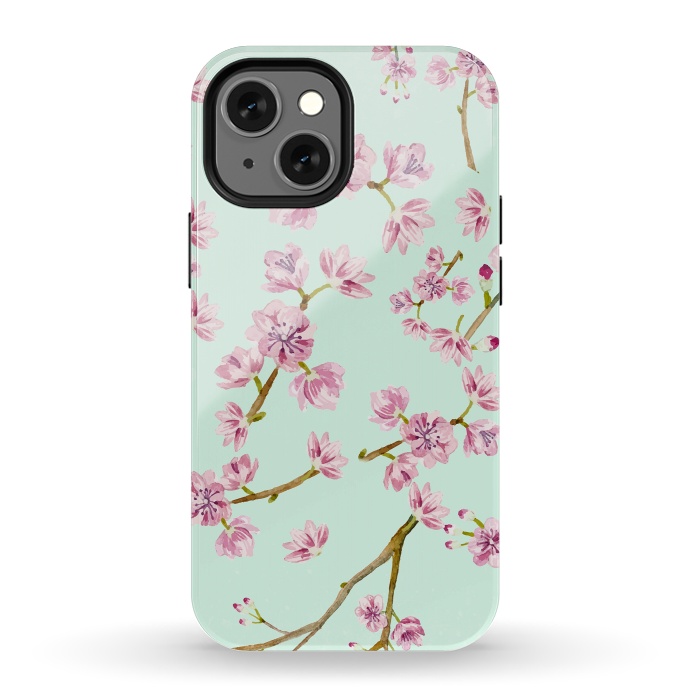 iPhone 13 mini StrongFit Aqua Teal and Pink Cherry Blossom Branch Spring Pattern by  Utart