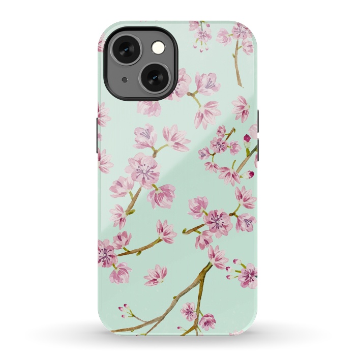 iPhone 13 StrongFit Aqua Teal and Pink Cherry Blossom Branch Spring Pattern by  Utart