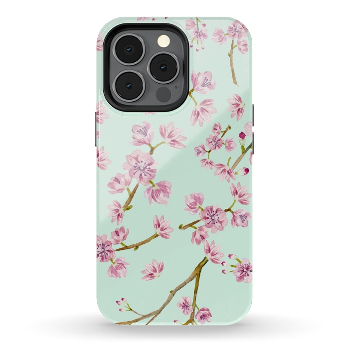 iPhone 13 pro StrongFit Aqua Teal and Pink Cherry Blossom Branch Spring Pattern by  Utart