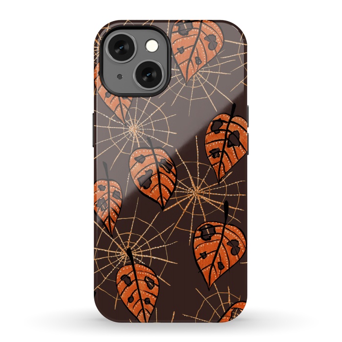 iPhone 13 StrongFit Orange Leaves With Holes And Spiderwebs by Boriana Giormova