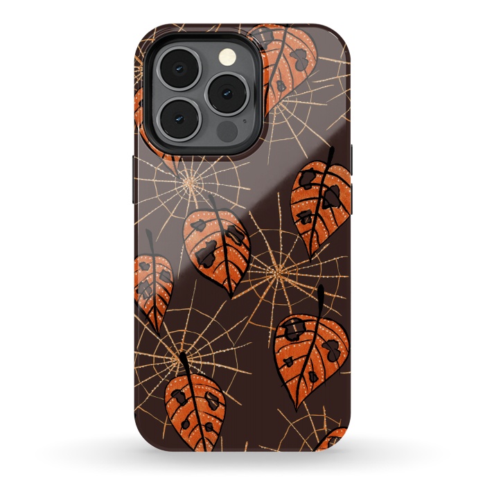iPhone 13 pro StrongFit Orange Leaves With Holes And Spiderwebs by Boriana Giormova