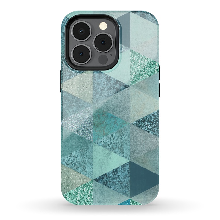 iPhone 13 pro StrongFit Fancy Shimmering Teal Triangles by Andrea Haase