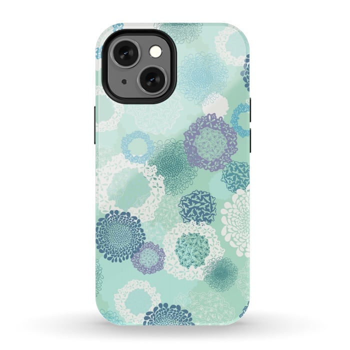 iPhone 13 mini StrongFit Doily Flowers on Teal by Paula Ohreen