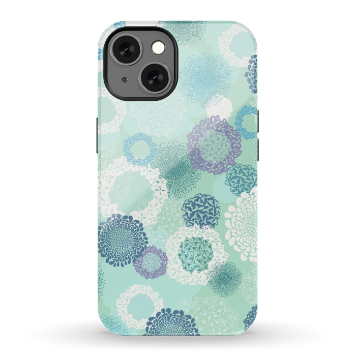 iPhone 13 StrongFit Doily Flowers on Teal by Paula Ohreen