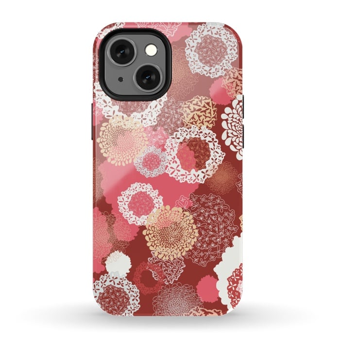 iPhone 13 mini StrongFit Doily Flowers on Red by Paula Ohreen