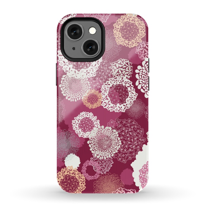 iPhone 13 mini StrongFit Doily Flowers on Dark Pink by Paula Ohreen