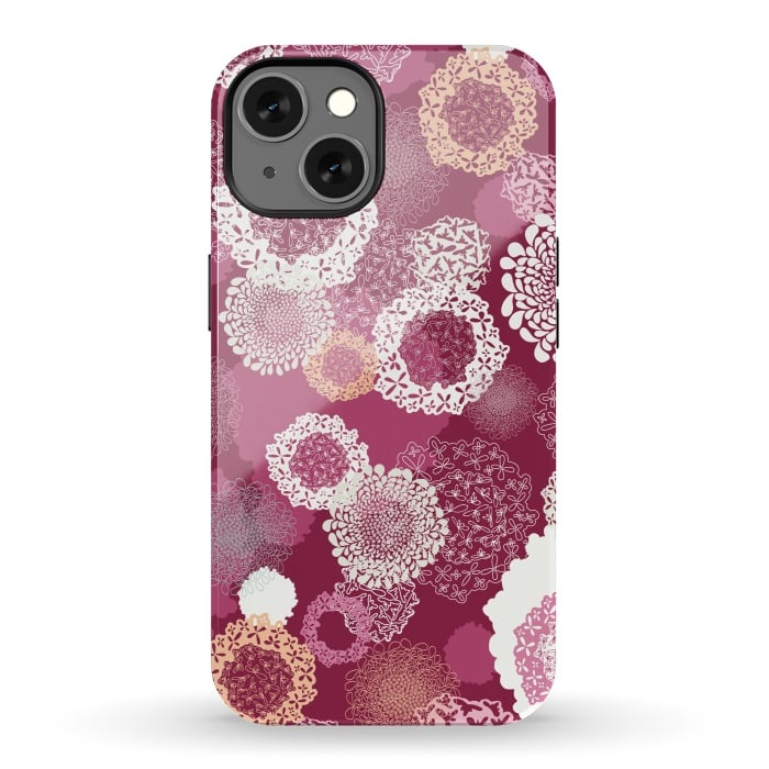 iPhone 13 StrongFit Doily Flowers on Dark Pink by Paula Ohreen