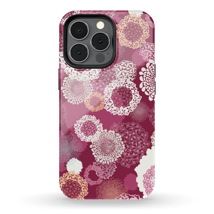 iPhone 13 pro StrongFit Doily Flowers on Dark Pink by Paula Ohreen