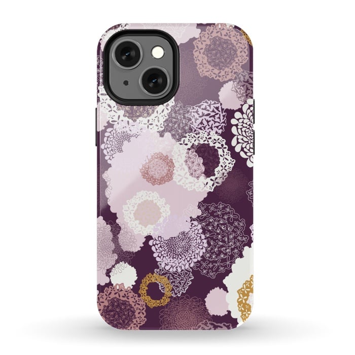 iPhone 13 mini StrongFit Doily Flowers on Purple by Paula Ohreen