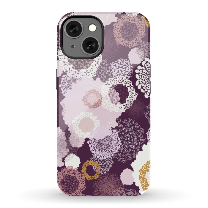 iPhone 13 StrongFit Doily Flowers on Purple by Paula Ohreen
