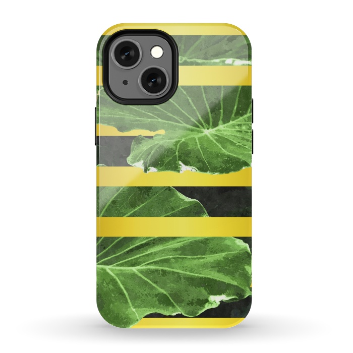 iPhone 13 mini StrongFit Green Leaves and Gold Stripes by Alemi