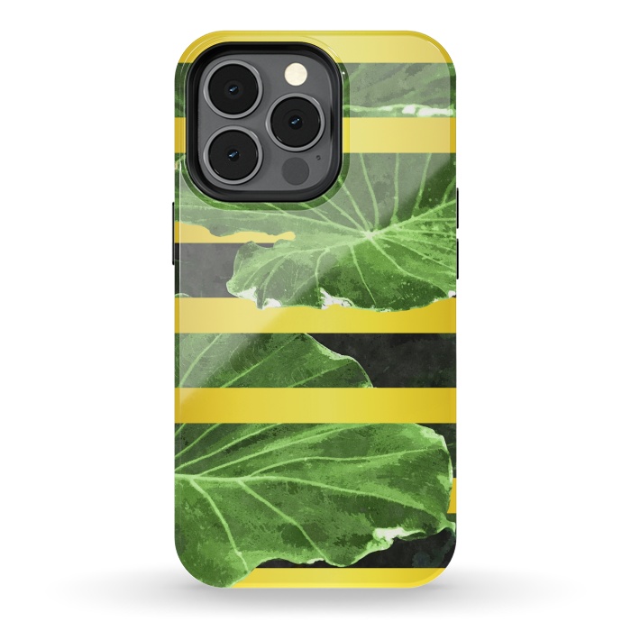 iPhone 13 pro StrongFit Green Leaves and Gold Stripes by Alemi