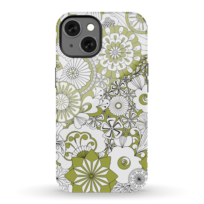 iPhone 13 StrongFit 70s Flowers - Green and White by Paula Ohreen