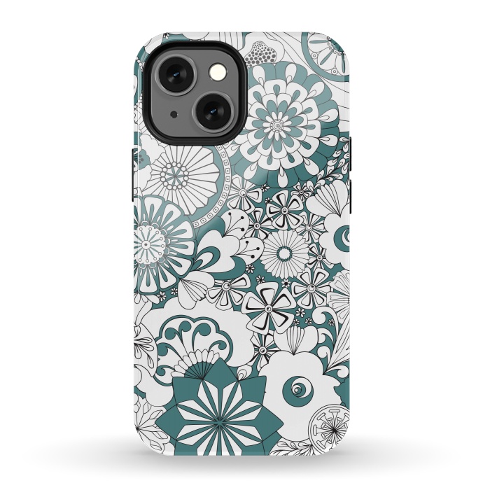 iPhone 13 mini StrongFit 70s Flowers - Blue and White by Paula Ohreen