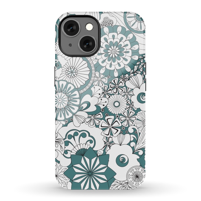 iPhone 13 StrongFit 70s Flowers - Blue and White by Paula Ohreen