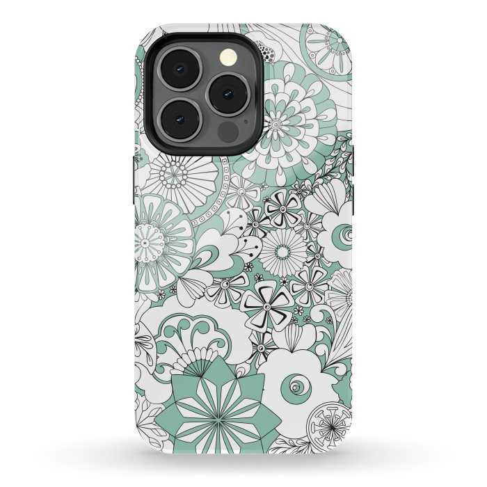 iPhone 13 pro StrongFit 70s Flowers - Mint Green and White by Paula Ohreen