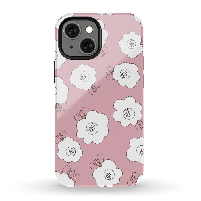 iPhone 13 mini StrongFit Fluffy Flowers - White on Pink by Paula Ohreen