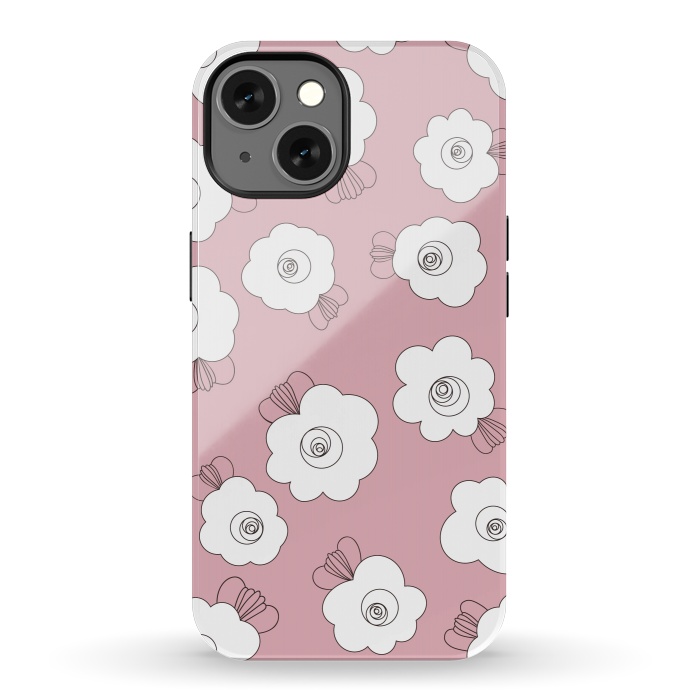iPhone 13 StrongFit Fluffy Flowers - White on Pink by Paula Ohreen