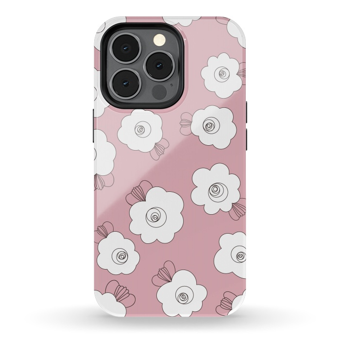 iPhone 13 pro StrongFit Fluffy Flowers - White on Pink by Paula Ohreen