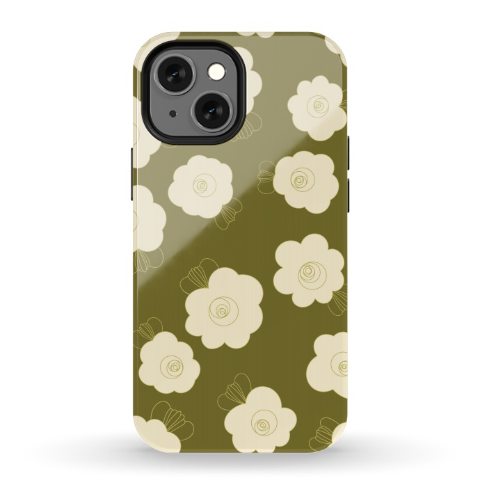 iPhone 13 mini StrongFit Fluffy Flowers - Cream on Olive Green by Paula Ohreen