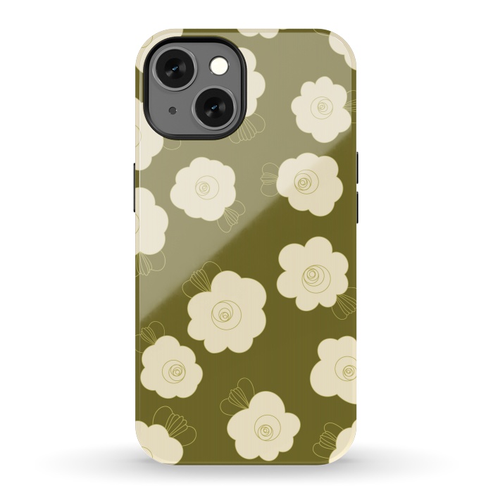 iPhone 13 StrongFit Fluffy Flowers - Cream on Olive Green by Paula Ohreen