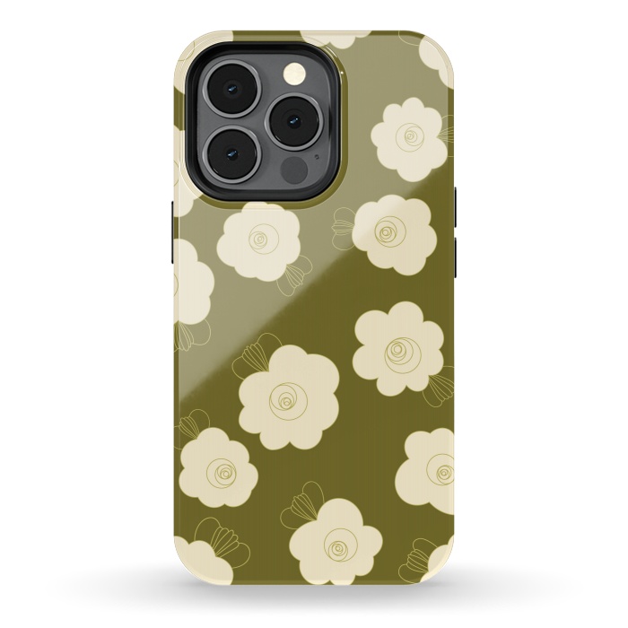 iPhone 13 pro StrongFit Fluffy Flowers - Cream on Olive Green by Paula Ohreen