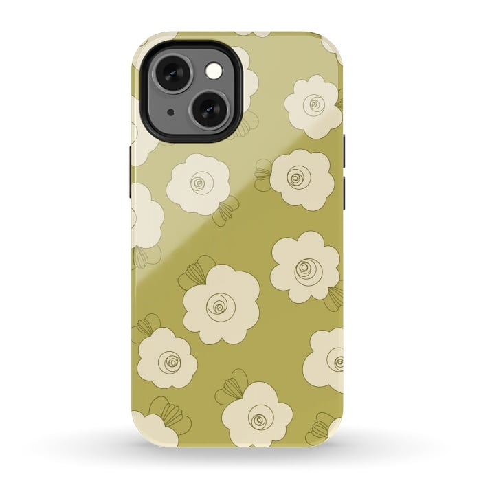 iPhone 13 mini StrongFit Fluffy Flowers - Cream on Sap Green by Paula Ohreen