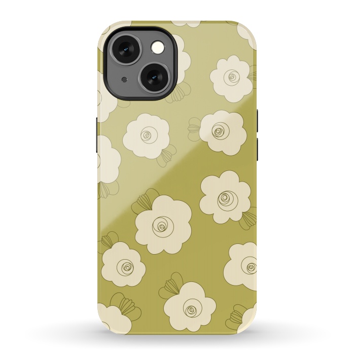 iPhone 13 StrongFit Fluffy Flowers - Cream on Sap Green by Paula Ohreen