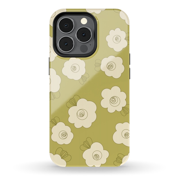 iPhone 13 pro StrongFit Fluffy Flowers - Cream on Sap Green by Paula Ohreen