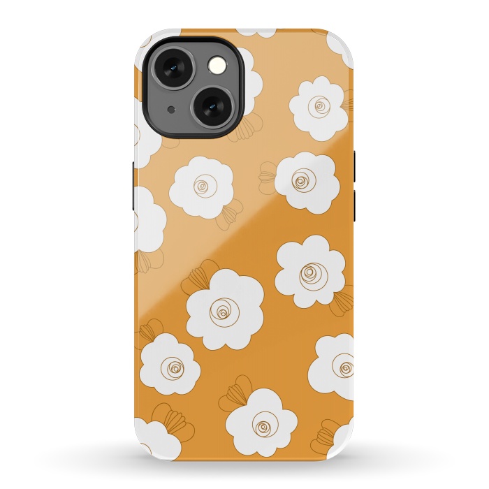 iPhone 13 StrongFit Fluffy Flowers - White on Pumpkin Orange by Paula Ohreen