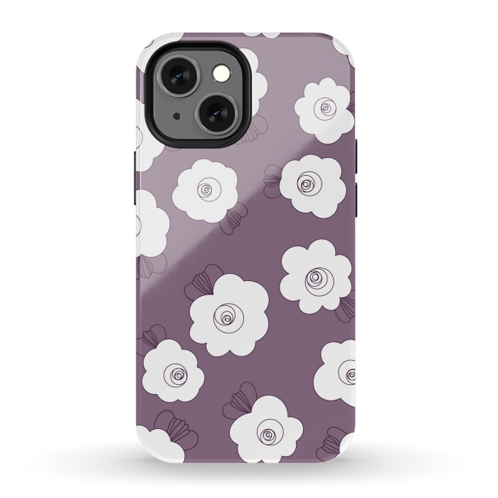 iPhone 13 mini StrongFit Fluffy Flowers - White on Grape Purple by Paula Ohreen